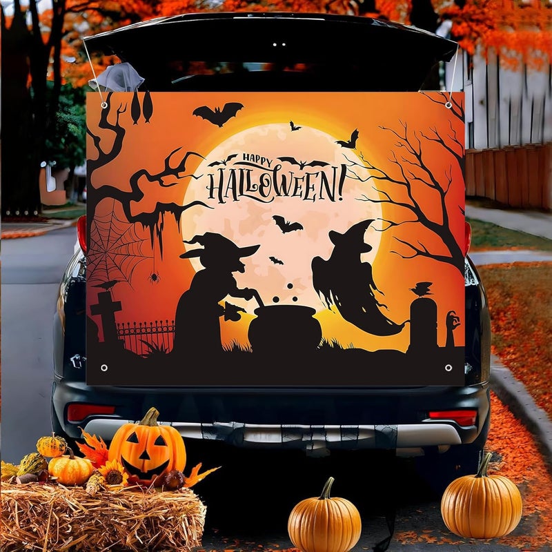 Pedel Halloween Trunk Or Treat Car Decoration Kits for Suv Banner, Orange Happy Halloween Witch Backdrop Banner for Archway Garage Door Haunted House Car Trunk Décor - Image 1